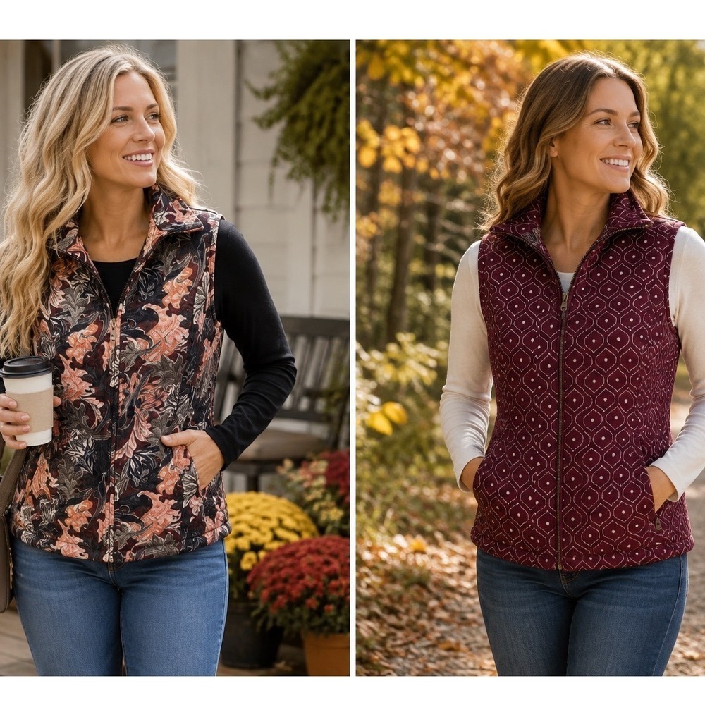 Womens Reversible Quilted Vest Medium Floral Burgundy Geometric Full Zip